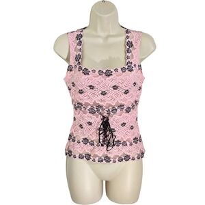 HP Pink‎ Lace Corset Tank Top Black Floral Sheer Goth Y2K Square Neck Sleeveless